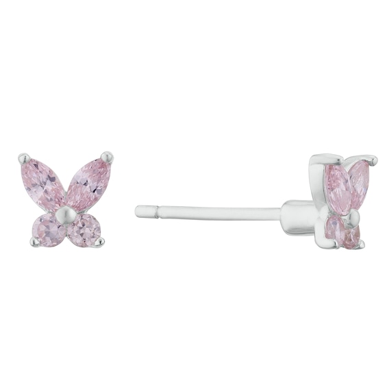 Childrens Sterling Silver Pink Cubic Zirconia Butterfly Stud