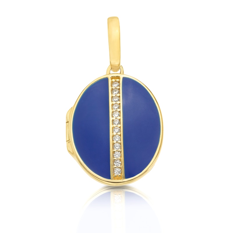 9ct Yellow Gold Blue Enamel & CZ Oval Locket (No Chain)