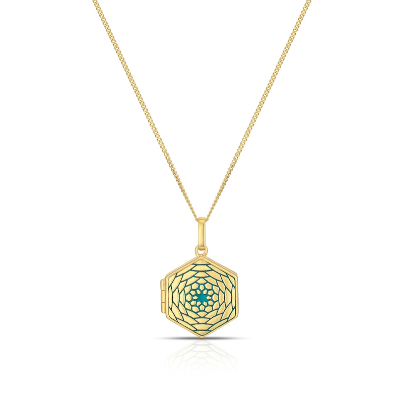 Main Image 1 of Sterling Silver & 18ct Gold Plated Vermeil Blue Floral Enamel Hexagon Locket