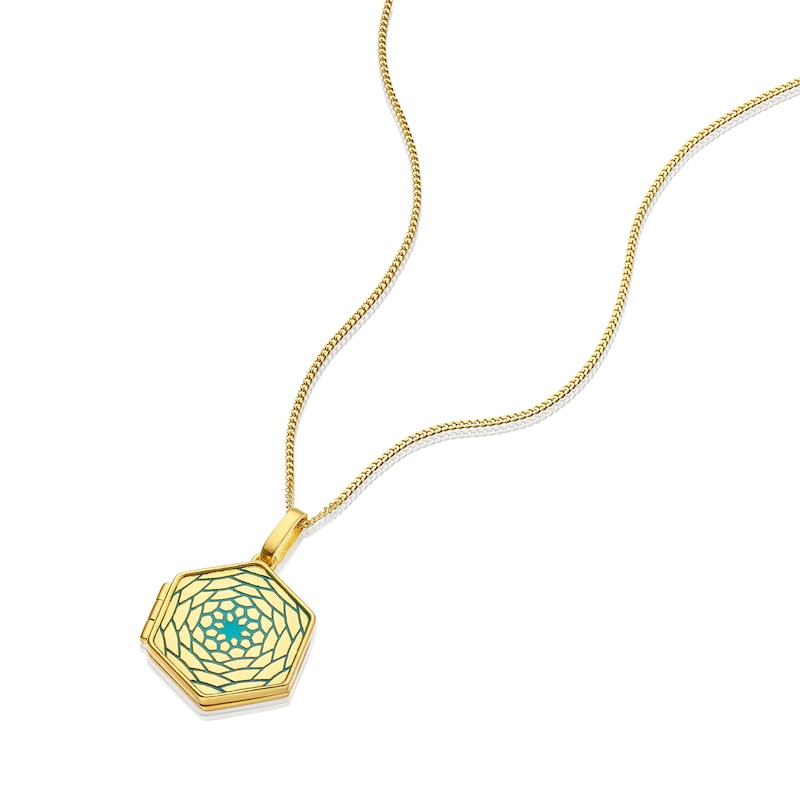 Main Image 2 of Sterling Silver & 18ct Gold Plated Vermeil Blue Floral Enamel Hexagon Locket