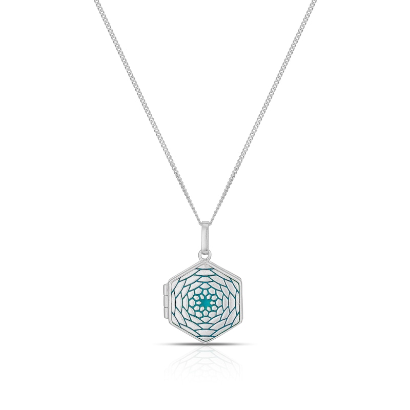 Main Image 1 of Sterling Silver Blue Floral Enamel Hexagon Locket