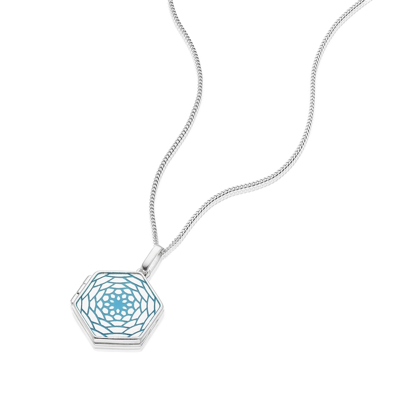 Sterling Silver Blue Floral Enamel Hexagon Locket