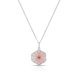 Sterling Silver Small Red Floral Enamel Hexagon Locket