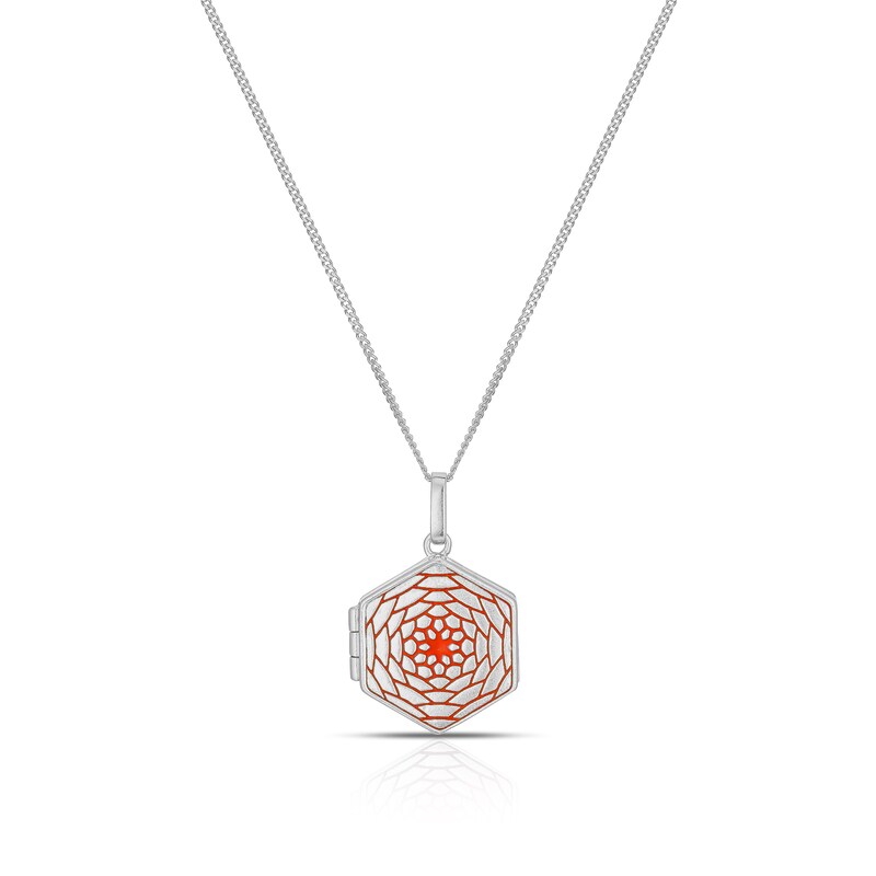 Main Image 1 of Sterling Silver Small Red Floral Enamel Hexagon Locket