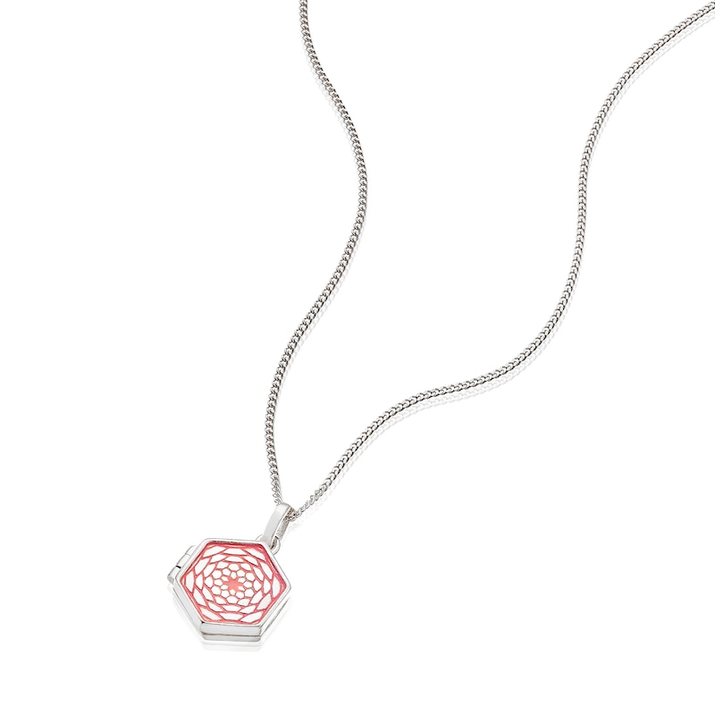 Main Image 2 of Sterling Silver Small Red Floral Enamel Hexagon Locket
