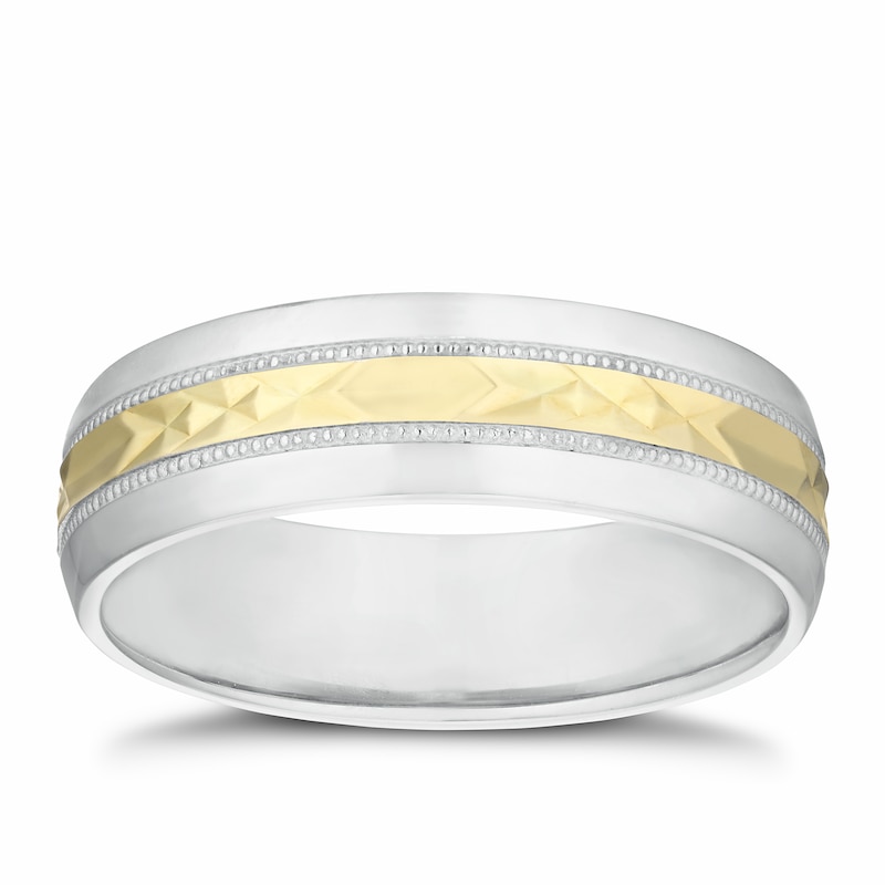 Main Image 1 of Sterling Silver & 9ct Yellow Gold 6mm Diamond-Cut Milgrain Ring