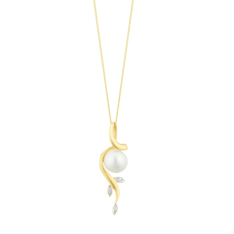 9ct Yellow Gold 3 CZ Cultured Freshwater Pearl Leaf Pendant