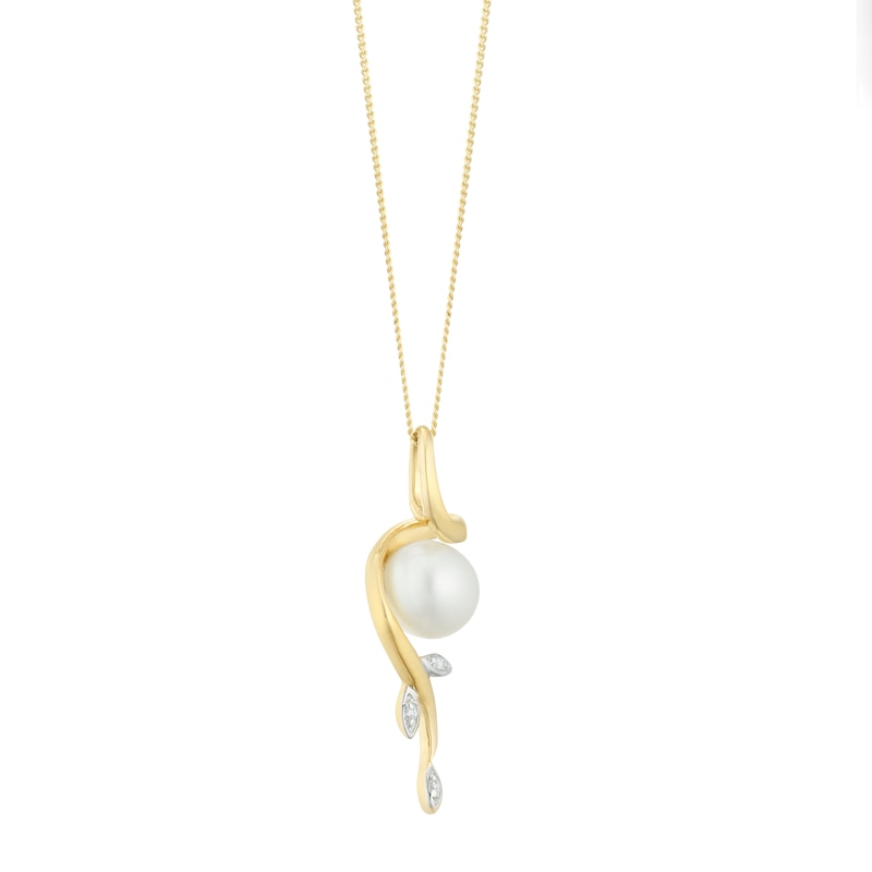 Main Image 2 of 9ct Yellow Gold 3 CZ Cultured Freshwater Pearl Leaf Pendant
