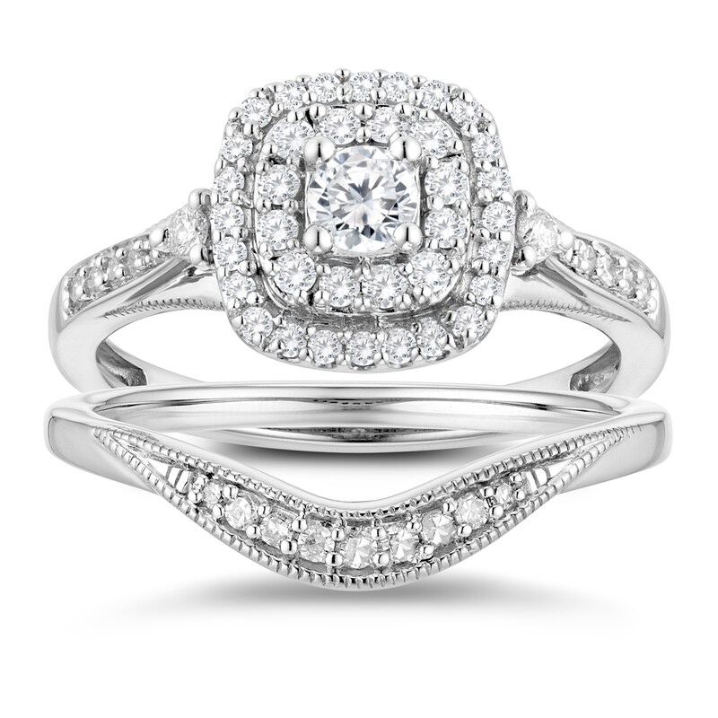 Main Image 1 of Perfect Fit 9ct White Gold 0.50ct Diamond Cushion Halo Bridal Set