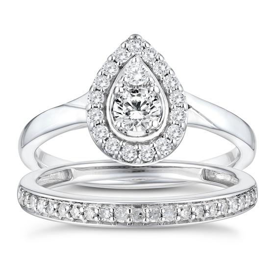 Engagement Ring Perfect Fit 9ct White Gold Pear Halo Bridal Set 0.50ct Diamond Ring
