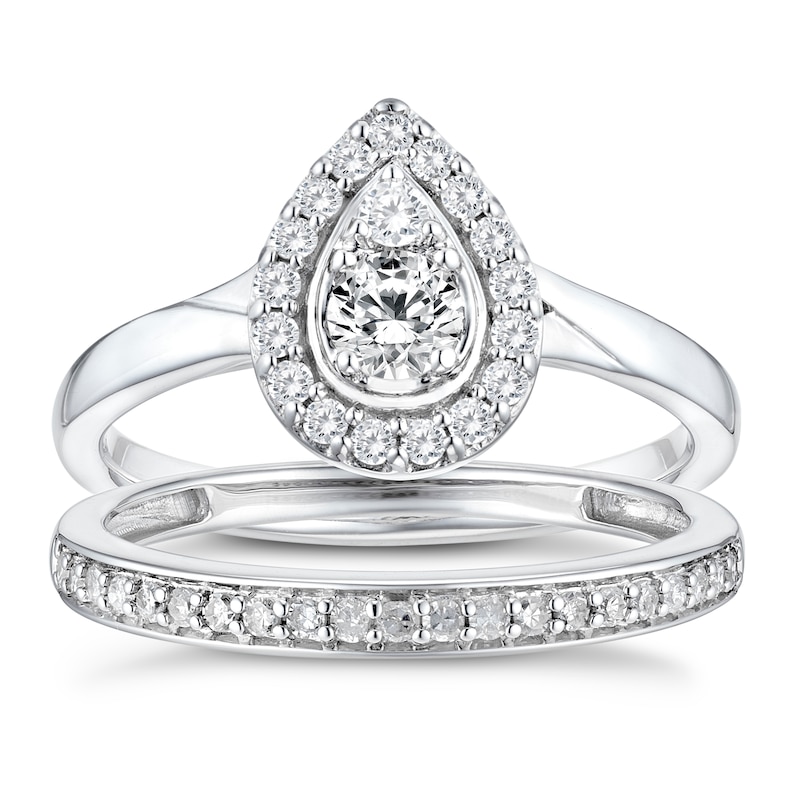 Main Image 1 of Perfect Fit 9ct White Gold 0.50ct Diamond Pear Halo Bridal Set