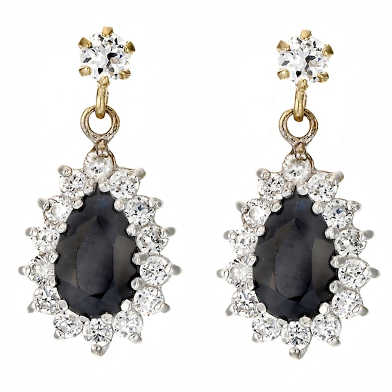 9ct Yellow Gold Sapphire and Cubic Zirconia Teardrop Earrings