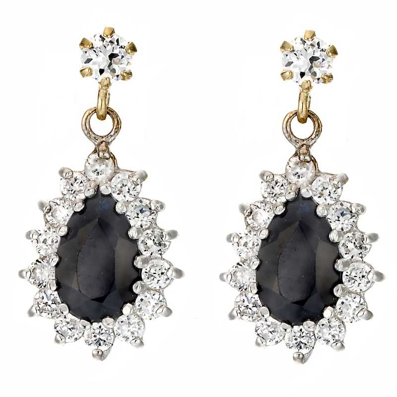 Main Image 1 of 9ct Yellow Gold Sapphire & Cubic Zirconia Teardrop Earrings