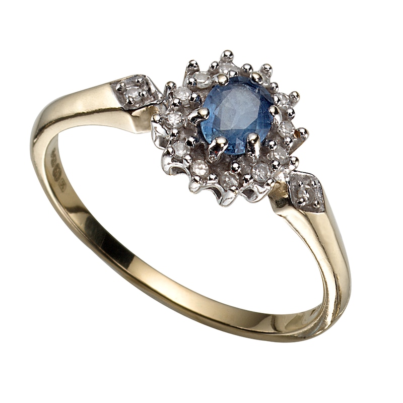 Main Image 1 of 9ct Yellow Gold Ceylon Sapphire & Diamond Cluster Ring