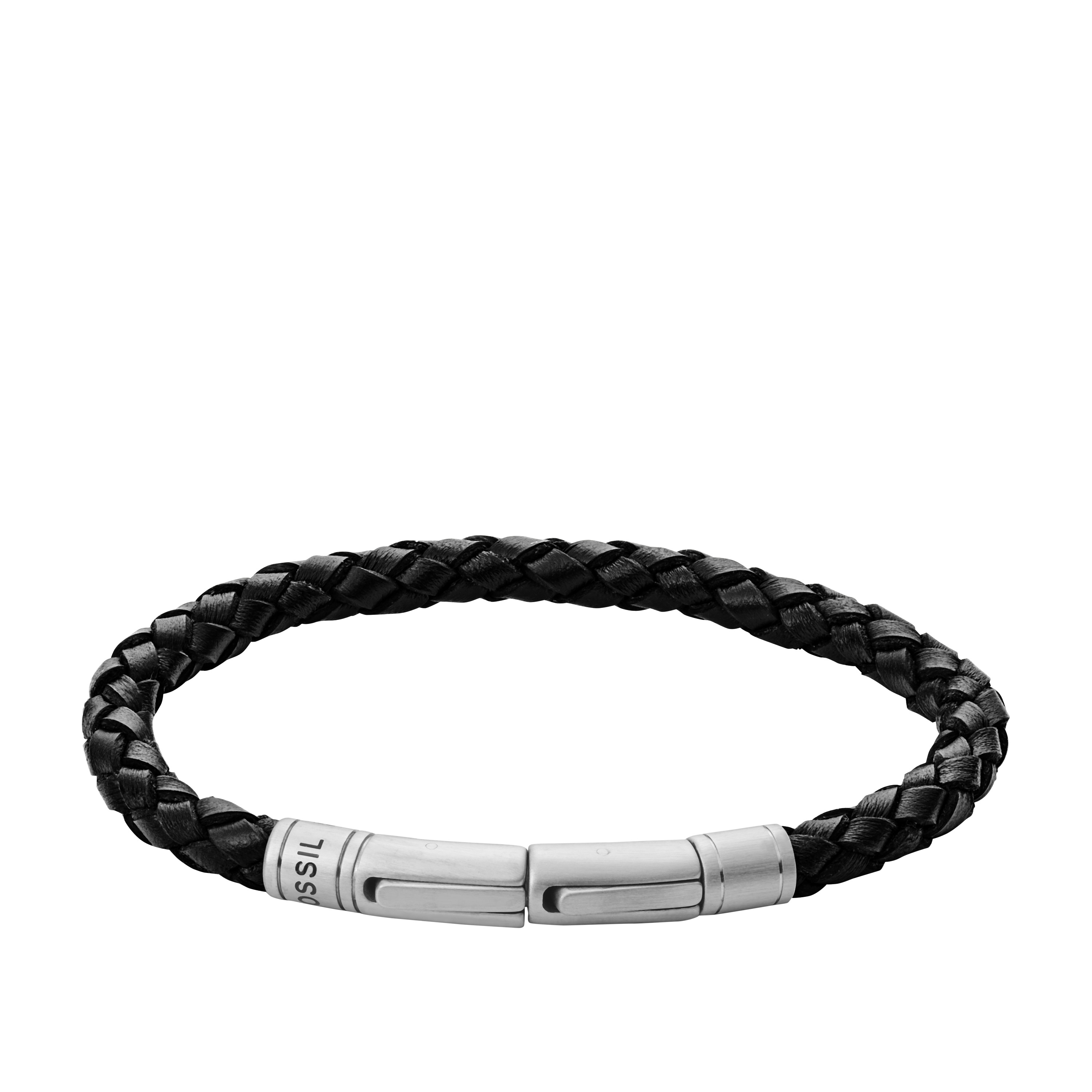 Fossil Men's Black Leather Plait Bracelet | H.Samuel