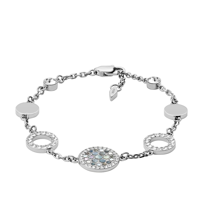 Fossil Ladies' Silver Tone Mother-Of-Pearl Disc Bracelet