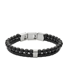 Fossil Men's Black Leather & Agate Bead Bracelet