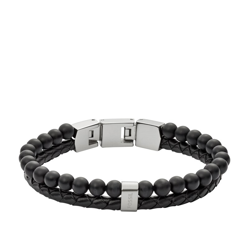 Main Image 1 of Fossil Men's Black Leather & Agate Bead Bracelet