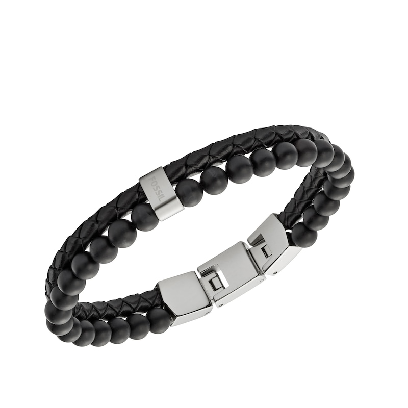 Main Image 2 of Fossil Men's Black Leather & Agate Bead Bracelet