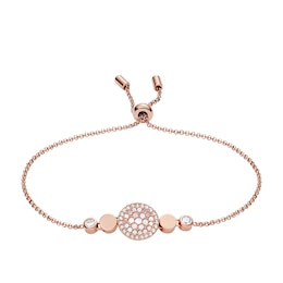 Fossil Ladies' Rose Gold Tone Mother Of Pearl & Crystal Disc Bolo Bracelet