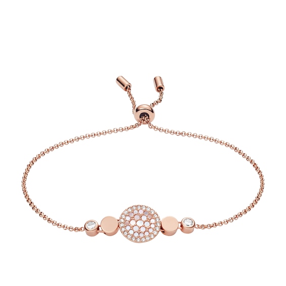 Fossil Ladies Rose Gold Tone Mother Of Pearl and Crystal Disc Bolo Bracelet