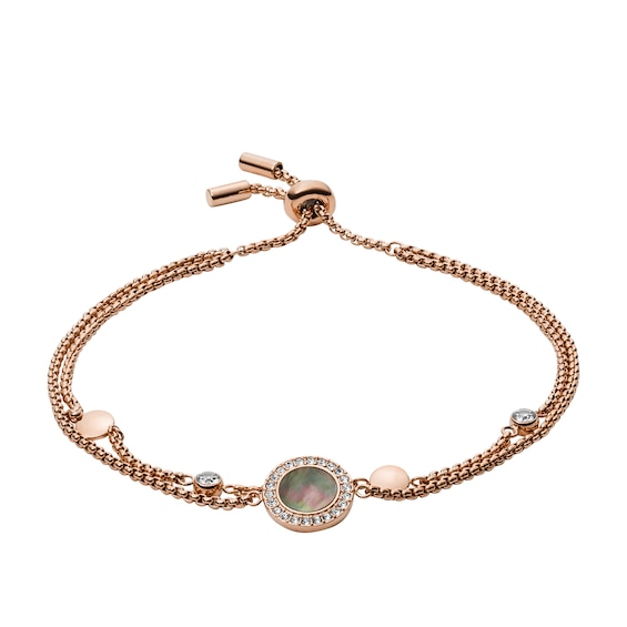 Fossil Ladies Rose Gold Tone Mother Of Pearl Disc Double Lay