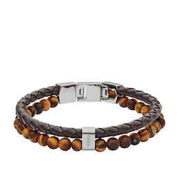 Fossil Tiger Eye & Leather Double Bracelet