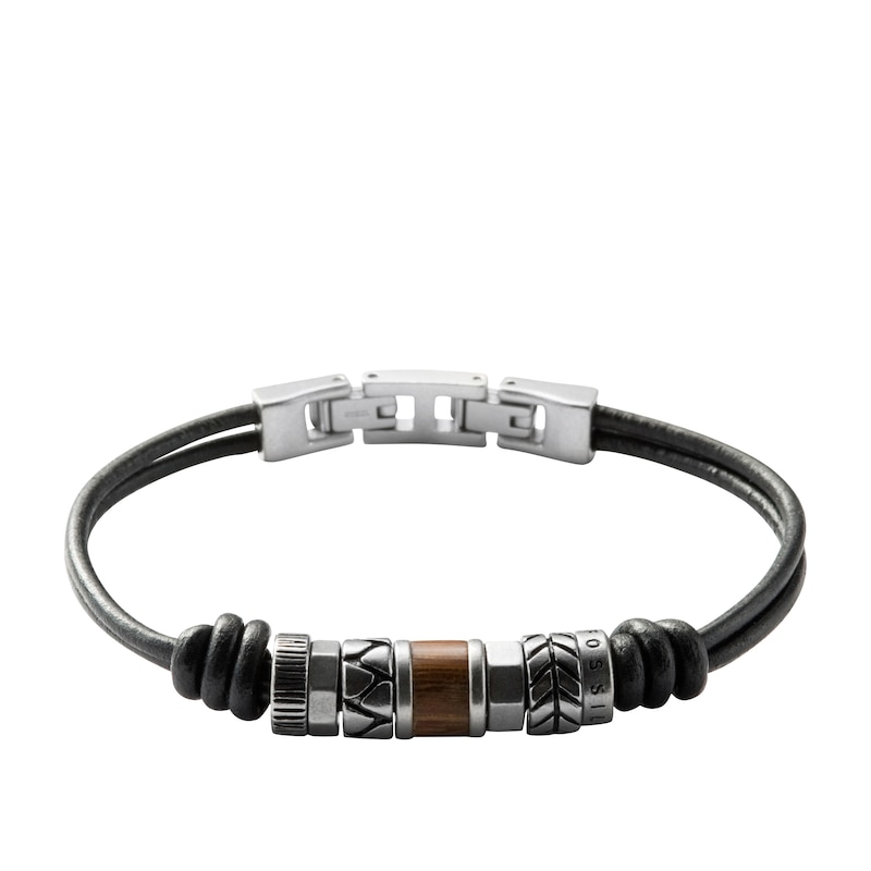 Main Image 1 of Fossil Men's Black Leather & Steel Rondell Bracelet