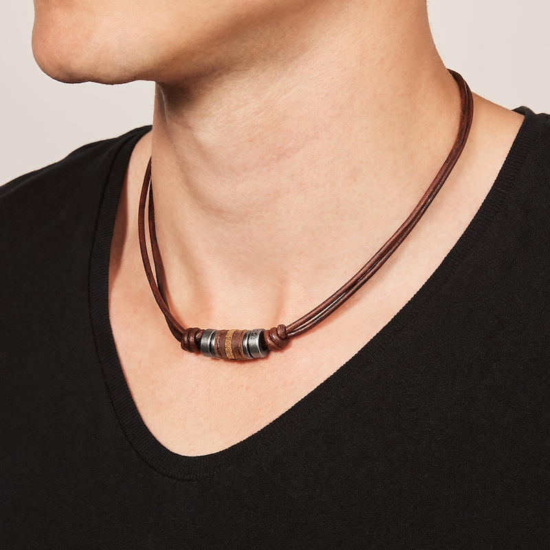 Main Image 2 of Fossil Men's Brown Leather Rondell Bead Necklace