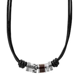 Fossil Men's Black Leather & Steel Rondell Bead Necklace