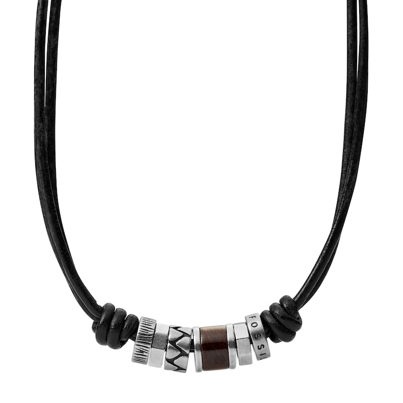 Fossil Men's Black Leather & Steel Rondell Bead Necklace