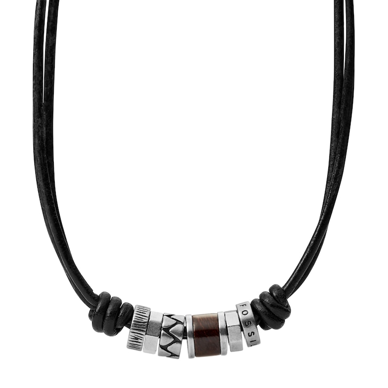 Main Image 1 of Fossil Men's Black Leather & Steel Rondell Bead Necklace