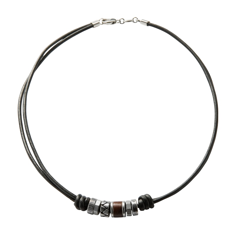 Fossil Men's Black Leather & Steel Rondell Bead Necklace