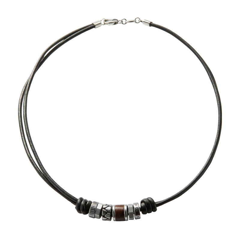 Main Image 2 of Fossil Men's Black Leather & Steel Rondell Bead Necklace