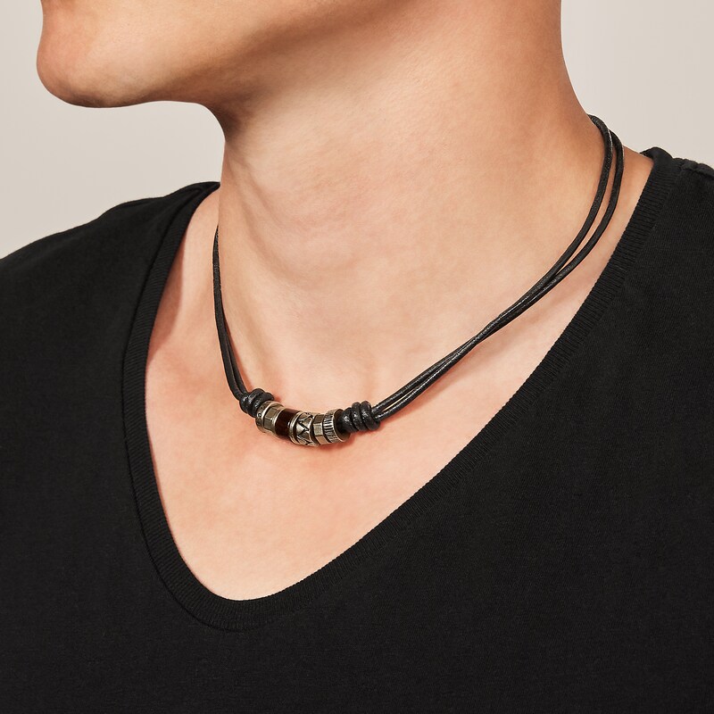 Fossil Men's Black Leather & Steel Rondell Bead Necklace