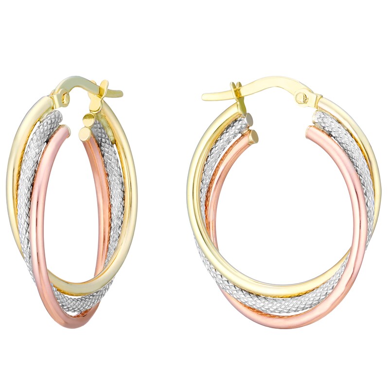 Main Image 1 of 9ct 3 Colour Gold 3 Row 20mm Hoop Earrings