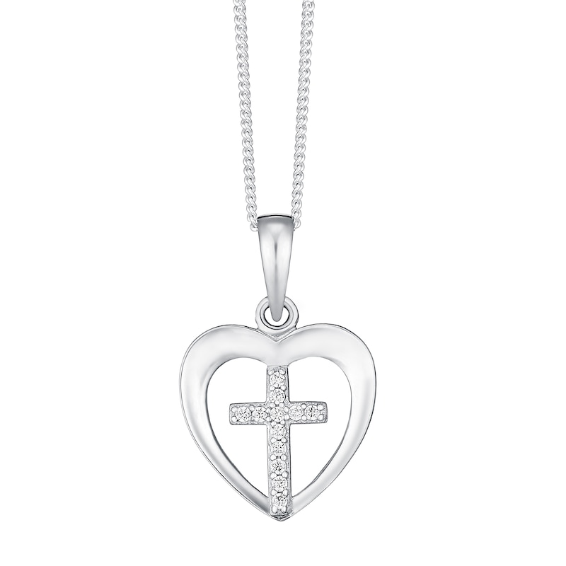 Main Image 1 of Sterling Silver & Crystal Heart With Cross Pendant