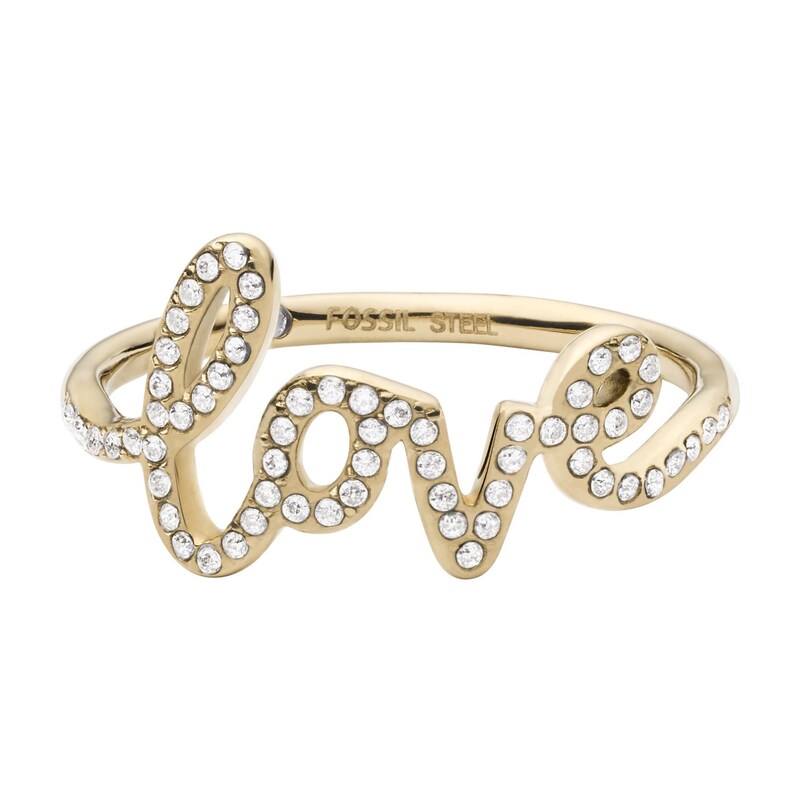 Fossil Gold Tone Crystal Love Ring Size M