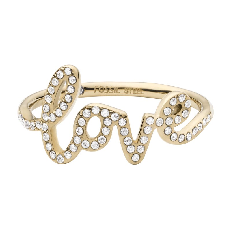 Fossil Gold Tone Crystal Love Ring Size P