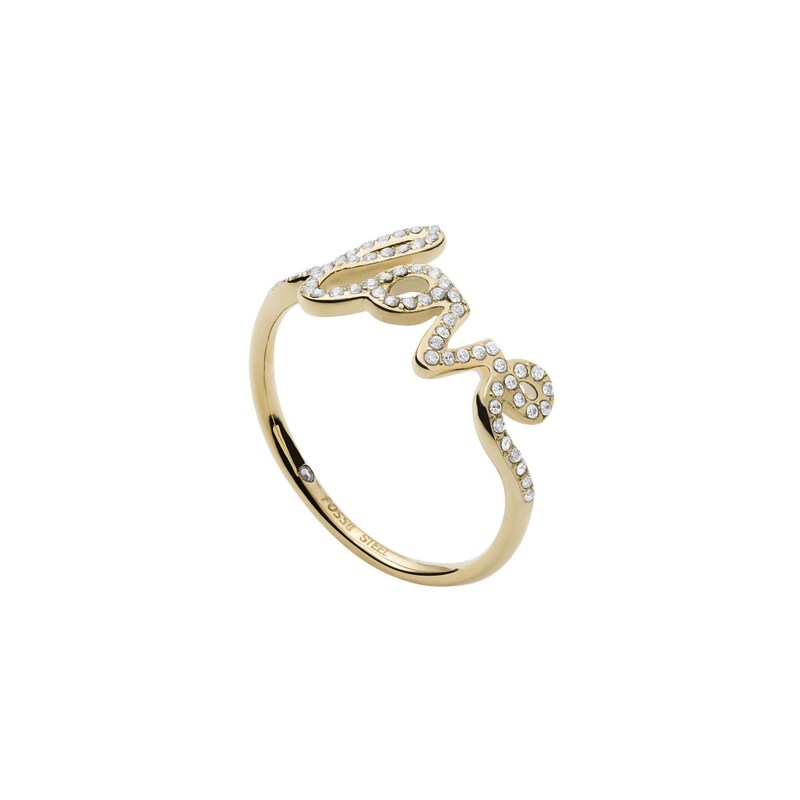 Fossil Gold Tone Crystal Love Ring Size P