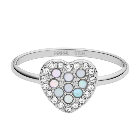Fossil Silver Tone Mother Of Pearl Mosaic Heart Ring Size M