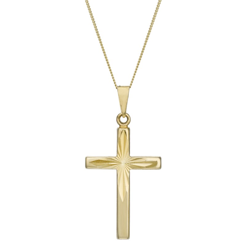 Main Image 1 of 9ct Yellow Gold Diamond Cut 18" Textured Cross Pendant