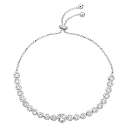 Sterling Silver Rhodium Cubic Zirconia Heart Bolo Bracelet