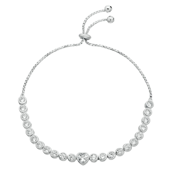 Sterling Silver Rhodium Cubic Zirconia Heart Bolo Bracelet