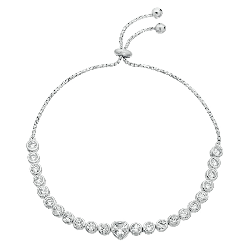 Main Image 1 of Sterling Silver Rhodium Cubic Zirconia Heart Bolo Bracelet