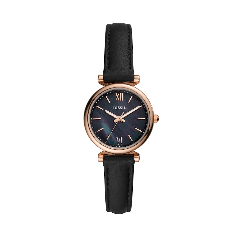 Fossil Ladies' Rose Gold Tone Black Leather Strap Watch