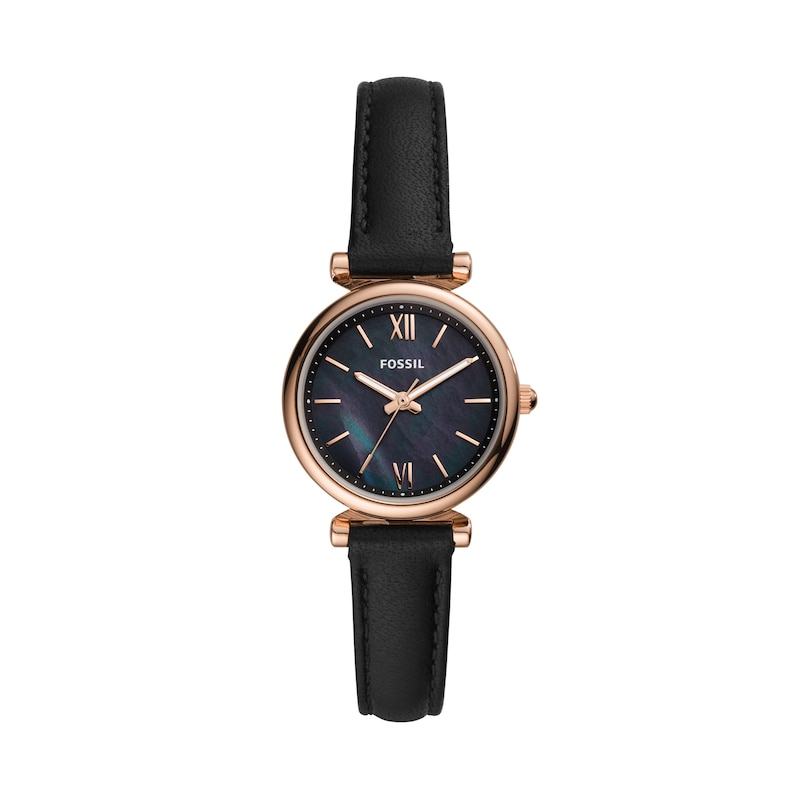 Fossil Ladies' Rose Gold Tone Black Leather Strap Watch