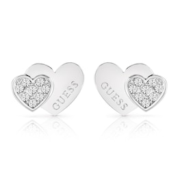 Guess Silver Plated Rhodium Double Heart Stud Earrings