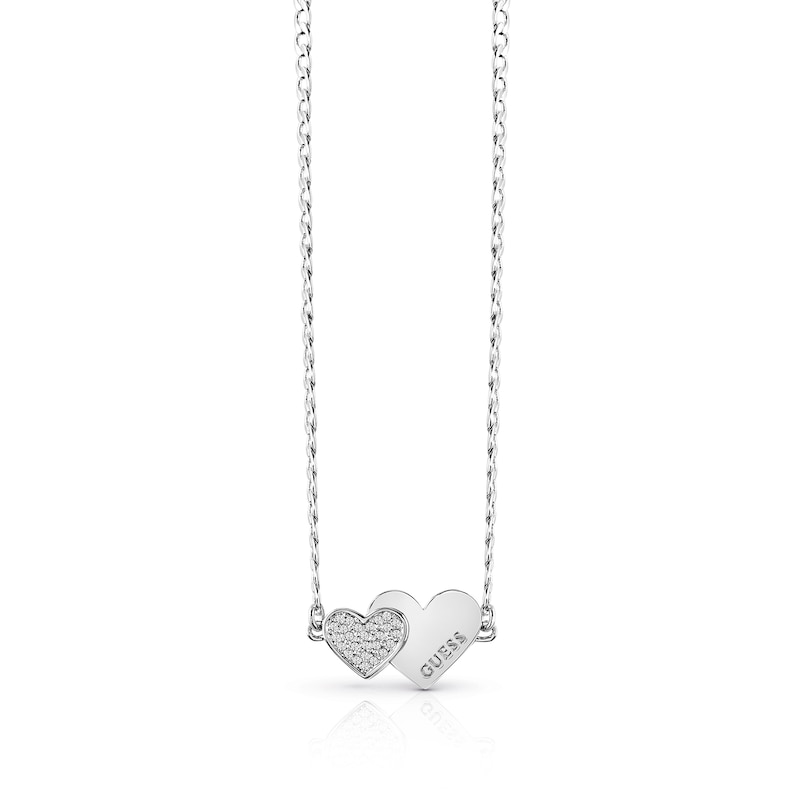 Guess Rhodium Plated Crystal Hearts Necklace