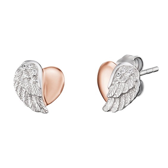 Angel Whisperer Sterling Silver and Rose Gold Heart Wing Stu